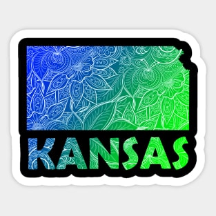 Colorful mandala art map of Kansas with text in blue and green Sticker